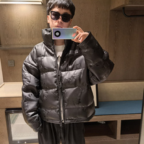 2021 Winter new embossed PU leather down jacket mens tide thick short style collar profile loose youth jacket