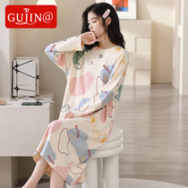 古今@暴衣女士春Autumn Autumn Pure Cotton Long-sleeved Ladies Cotton Cute Pajamas Autumn and Winter Knee Long Dress