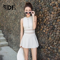 French DK comfortable one-piece skirt swimsuit Female sense halter small chest gathered conservative cover belly thin hot spring swimsuit