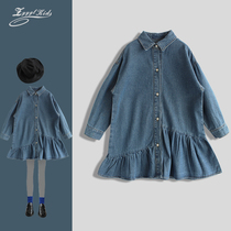 ZYYGL sister grid new childrens fashionable foreign style dress girls long-sleeved denim skirt loose medium-long shirt dress