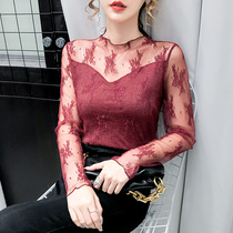 Hong Kong Tide Brand 2021 new foreign style small shirt shiny lace mesh top women long sleeve slim T-shirt women