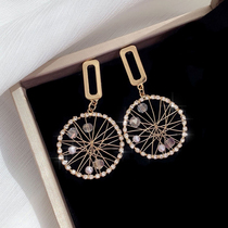 Suitable for winter temperament grid earrings Korean Net red long crystal earrings personality versatile stud earrings earrings female tide