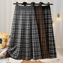 Medium and long plaid knitted skirt womens autumn and winter New High waist slim a pleated skirt winter wool long skirt