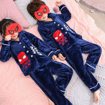 Spider-man childrens pajamas Flannel boys autumn and winter thickened coral velvet boys big childrens home clothes set winter