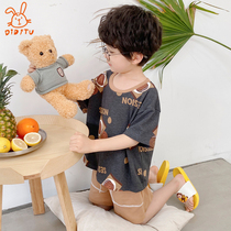 Childrens pajamas mens summer short-sleeved cotton baby childrens air-conditioned clothing home clothing cotton set