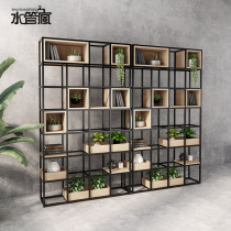 Industrial wind office bookshelf floor solid wood partition screen iron tea shop shelf multi-layer lattice bookshelf