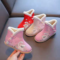 Winter new short boots children embroidered shoes Girls baby Hanfu shoes Chinese style cloth shoes plus velvet snow cotton shoes