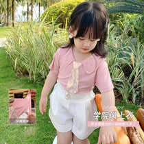 Female baby short sleeve T-shirt 2022 Summer new Korean version Temperament Sparkling College Windy Boy Girl Blouse