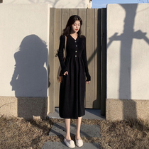 Spring and Autumn new temperament waist long sleeve knitted dress Womens small black dress base long dress medium long sweater skirt