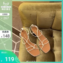(Special clearance)Love me you are afraid of it~new square toe clip-toe thin belt low heel Roman sandals womens shoes