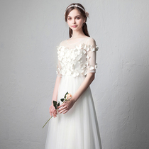  Wedding dress female 2021 new simple white long-sleeved long section host dinner annual meeting bride toast dress female