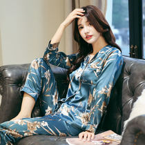 Spring and autumn ice silk pajamas female silk long sleeve plus size men silk Korean couple two-piece home clothes