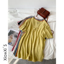 Xiaoxijia) short-sleeved t-shirt womens solid color bottoming shirt with spring and summer 2021 new V-neck top body style student