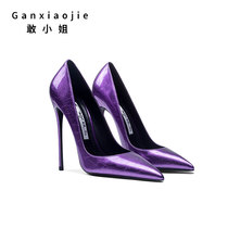 Dare Miss Europe and America High heel Shoes with Pointed Shallow Mouth Sexy Nightfield Single Shoes Hate Sky High Lacquer Leather Purple Women Shoes