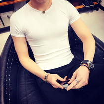 Short sleeve T-shirt men tight trend simple cotton white slim fashion brand Joker Korean summer solid color base shirt c