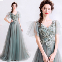 Angel wedding dress gray green banquet Annual Meeting stage performance host catwalk wedding evening dress 1207