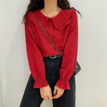 2021 Spring and Autumn New Korean student doll collar Horn long sleeve jacket foreign style design sense niche shirt female