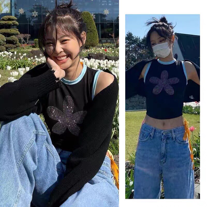 抖音珍妮jennie明星同款衣服女韩版春夏蝙蝠袖短款针织开衫 背心