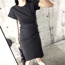 French niche over the knee dress 2021 new summer fold design feel waist thin temperament tight T-shirt women