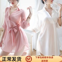 Sexy ice silk pajamas womens spring and autumn new mood boyfriend style white shirt nightdress summer thin chiffon shirt dress