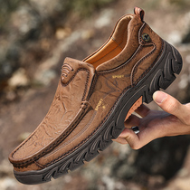Spring outdoor climbing mens casual leather shoes leather One foot pedal big code 45 yards non-slip middle aged daddys shoes