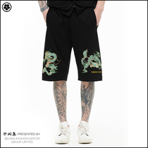 Half leisure set Chinese style dragon embroidery shorts hip-hop fashion summer tide brand suit street retro straight harem pants
