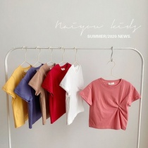 Girls short sleeve 2021 summer new fashion fold childrens T-shirt Korean solid color female baby base shirt shirt