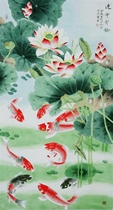 Famous Yu Zhizhen style fine brushwork flowers and birds (14) Chinese painting lotus nine fish picture carp hand-painted large six feet Vertical