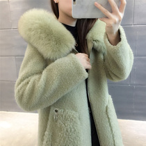 Sheep-cut coat womens long new fox fur collar fur lamb wool one-piece fur hooded coat