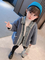 Childrens Korean version of the coat autumn 2021 new girls  foreign style fluffy cowboy baby childrens clothing net red explosion