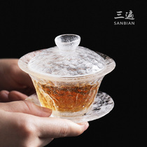 Three-pass ancient glass cover bowl Ice crystal clear lotus shape tea bowl Handmade glass frozen burning