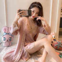 Pajamas womens summer nightgown sexy lace two-piece ice silk sling robe spring and autumn set thin sexy bathrobe