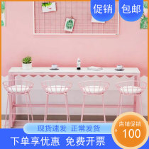Net red pink marble bar table table milk tea shop table and chairs combination leaning against wall window narrow table strip high foot table commercial