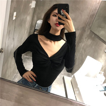 Pure Desire Hot Girl Hang Neck V Collar Short long sleeves T-shirt Bottom Jersey Woman Inner Hitch Winter Design Sensation with a little crowdblouse