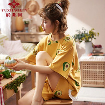 Yu one trillion Lin sleepwear womens summer pure cotton short sleeves shorts cute little lady summer Two suits with thin family clothes