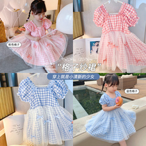 Girls dress 2022 Summer new Korean version of the Korean version of the beauty and sweet and cute small and medium-sized baby girls plaid mesh yarn dress