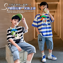 Boys summer suit set 2021 new foreign atmosphere big boy handsome children loose summer sports short sleeve shorts tide