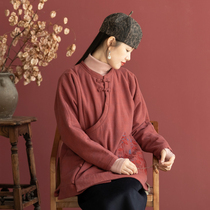 (Grass and wood dyed autumn) on the original linen embroidery clip wool piece medium long cotton coat