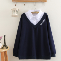 Fat mm autumn wear new Korean version of Terry base shirt female long fake two-piece sweater loose slim large size coat