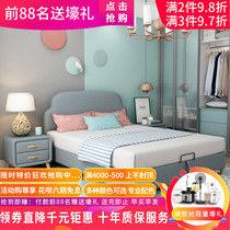 Childrens solid wood bed Blue cloth bed Fabric bed Simple modern boy and girl European style bedroom single bed 1 2 meters