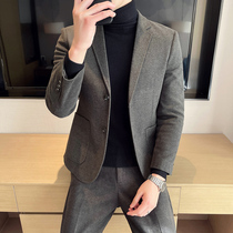Casual suit mens jacket for body Han version handsome and autumn winter woolen sweatshirt with small west suit jacket single piece trend