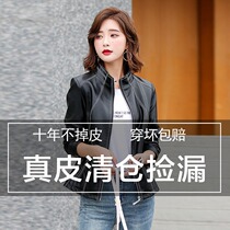 Haining leather womens short stand-up collar motorcycle leather jacket 2021 spring and autumn new womens Korean slim thin jacket