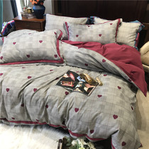 Autumn and winter color weaseling mill wool four pieces of kit minimalist grid Caring Gig Thicken Thickened Full Cotton Warm Bed Supplies