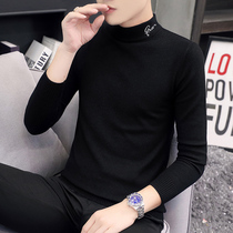 Autumn and winter half turtleneck sweater men plus velvet thickened Korean trend slim personality embroidery wool knitted base shirt