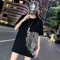 Large size womens T-shirt womens summer loose middle and long section tiger head hot drill heavy industry 200 pounds fat sister thin short-sleeved tide