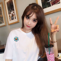 2020 Yang Mi star with bee embroidery black sunflower short sleeve T-shirt base shirt men and women couples