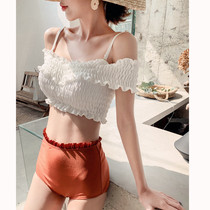 ins wind word shoulder split sexy bikini steel support small chest gathered high waist cover belly thin hot spring swimsuit women