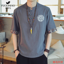 Fugui bird linen short sleeve t-shirt male summer half sleeve Chinese Wind Compassionate Tango Cotton Linen Mens Dress Jacket