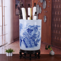 Jingdezhen ceramic vase calligraphy and painting storage cylinder reel cylinder hand-painted blue and white landscape falling umbrella bucket craft ornaments
