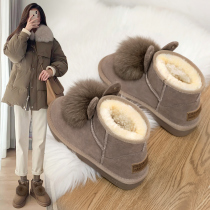 Leather snow boots womens short tube 2021 new winter fashion one pedal winter shoes thick students plus velvet cotton shoes winter